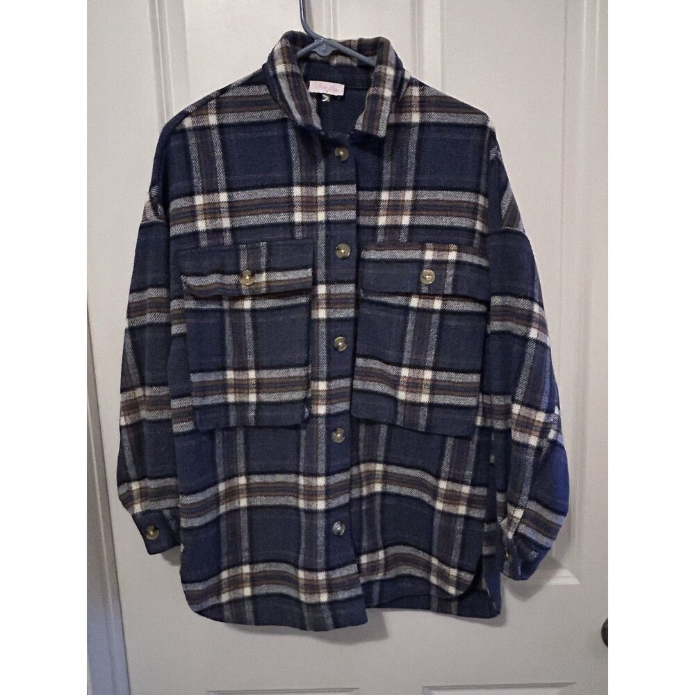 Pink Lily Flannel Shirt Womens Oversized Medium Blue Plaid